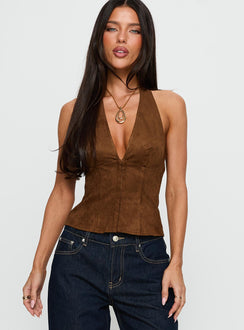 Dalyah Faux Suede Halter Top Brown