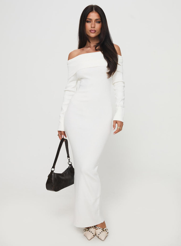 front view of model wearing Princess Polly Celestara Off The Shoulder Maxi Dress White Straight Neck 