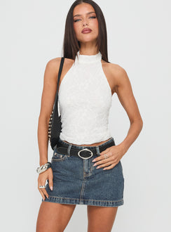   front view of model wearing Princess Polly Nickei Denim Mini Skirt Washed Blue Petite Mini Skirts 