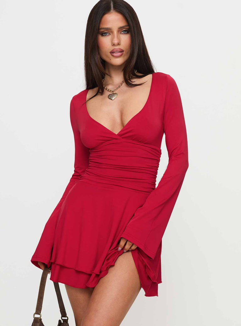 Canino Long Sleeve Mini Dress Red