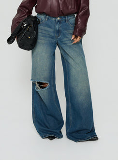Ramos Low Rise Wide Leg Distressed Jeans Dark Indigo