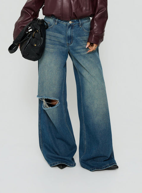 Ramos Low Rise Wide Leg Distressed Jeans Dark Indigo
