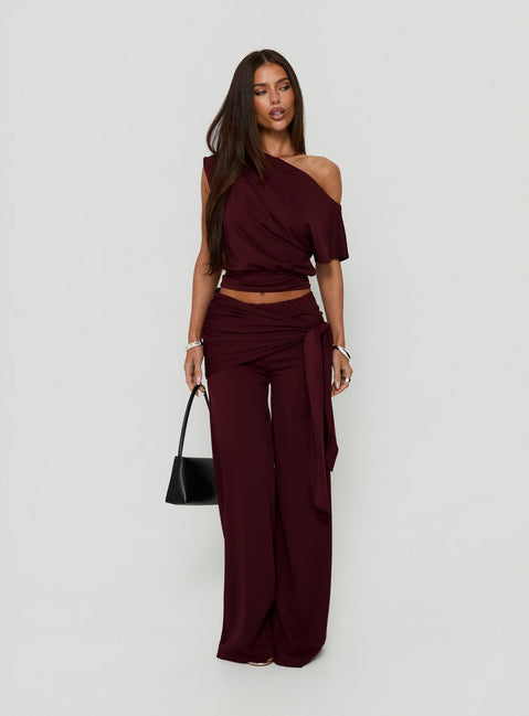 Hadlia Tie Waist Pants Burgundy