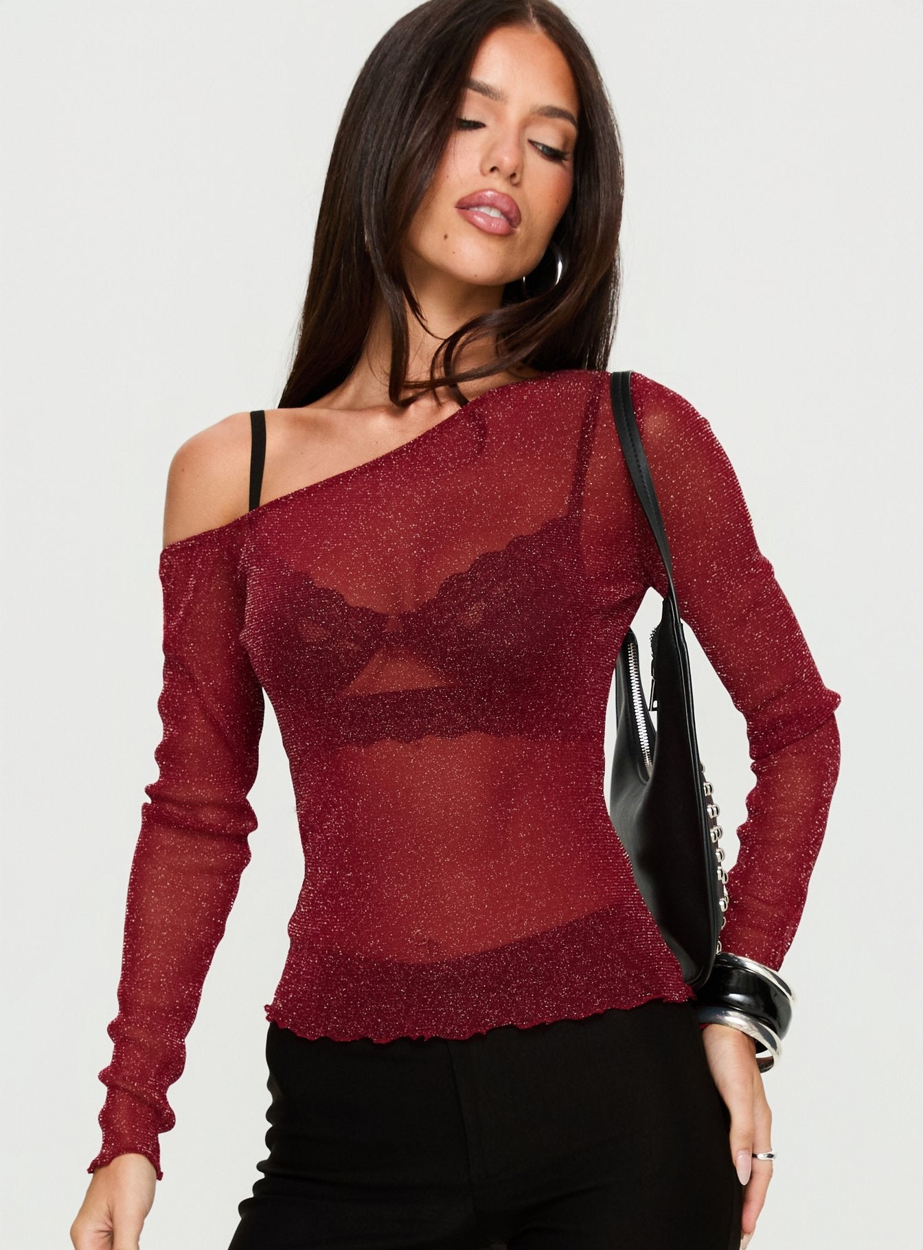 Zondra Sheer One Shoulder Top Burgundy Shimmer | Princess Polly