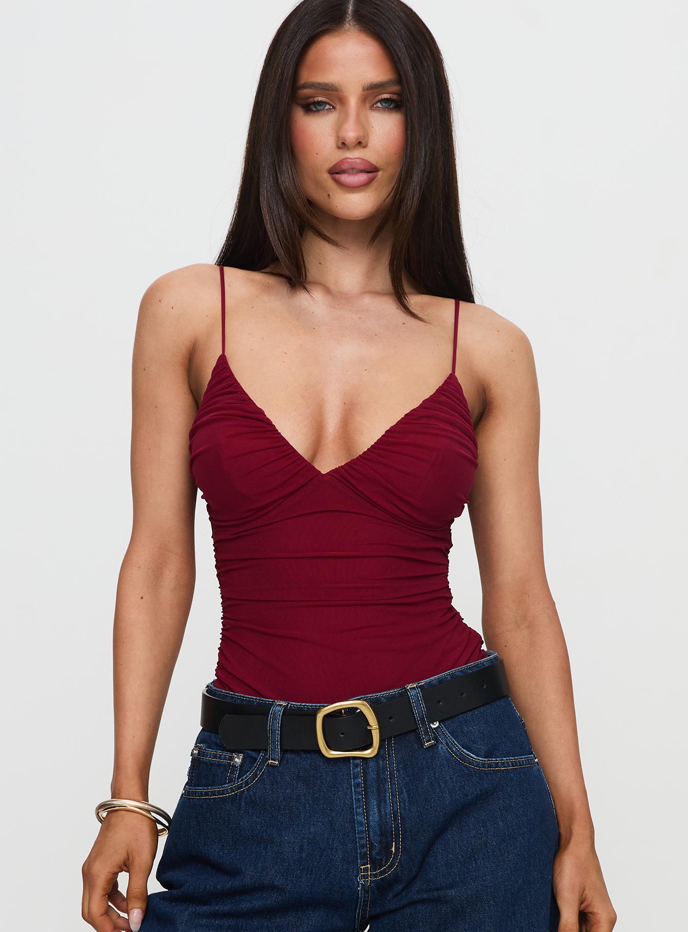 front view of model wearing Princess Polly Merril Bodysuit Maroon Sleeveless 