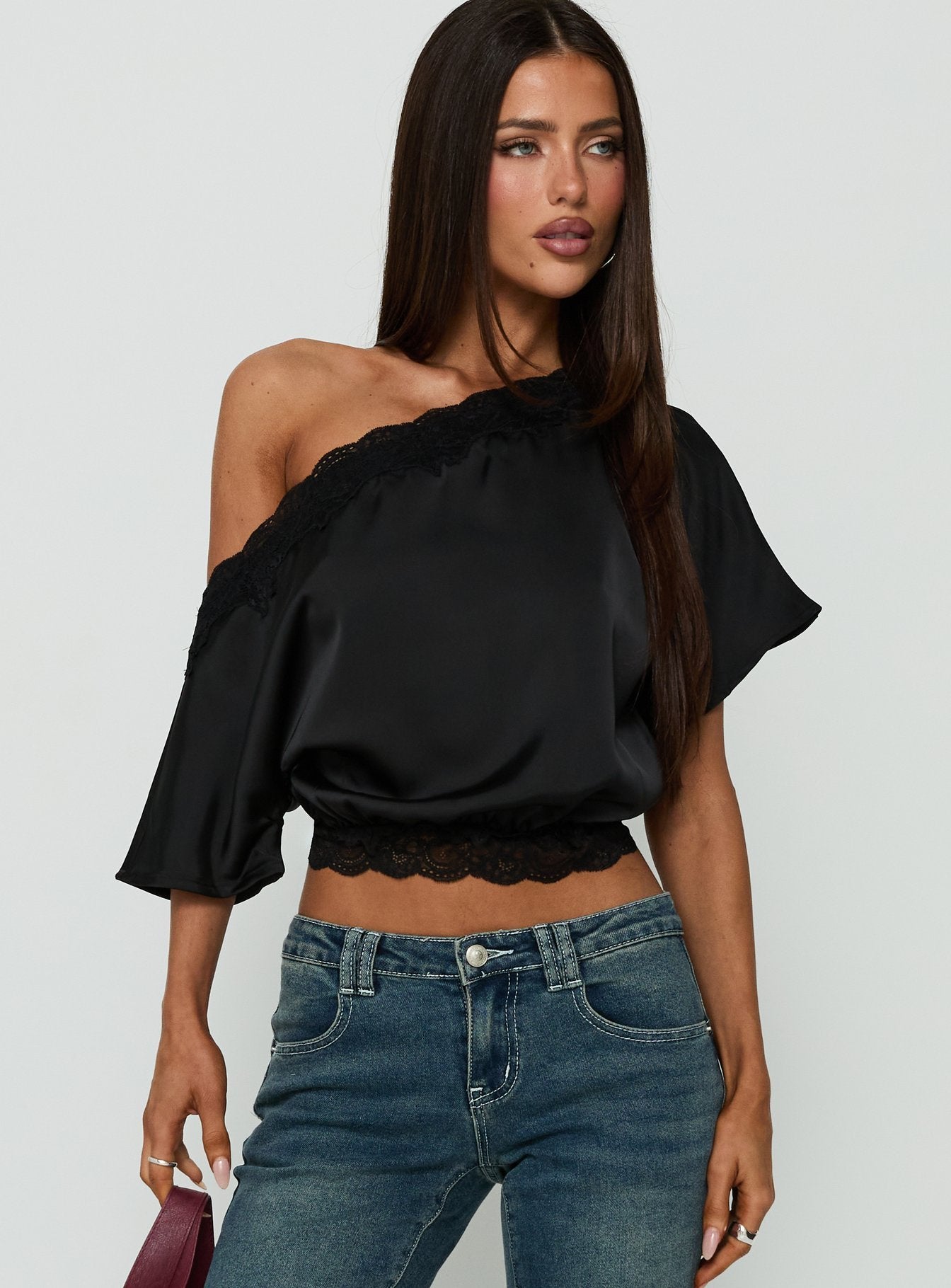 Full Send Off Shoulder Lace Trim Top Black | Princess Polly