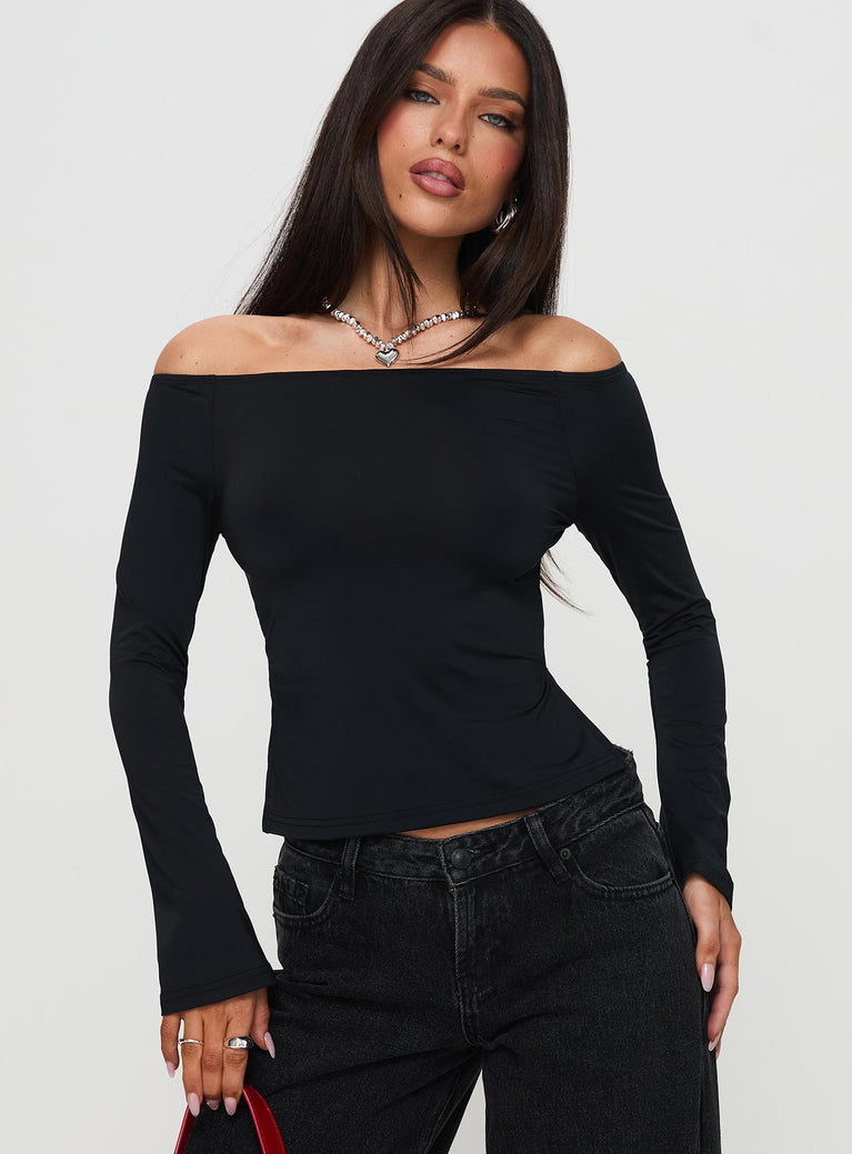 front view of model wearing Princess Polly Maestro Off The Shoulder Top Black Full Sleeves straight 