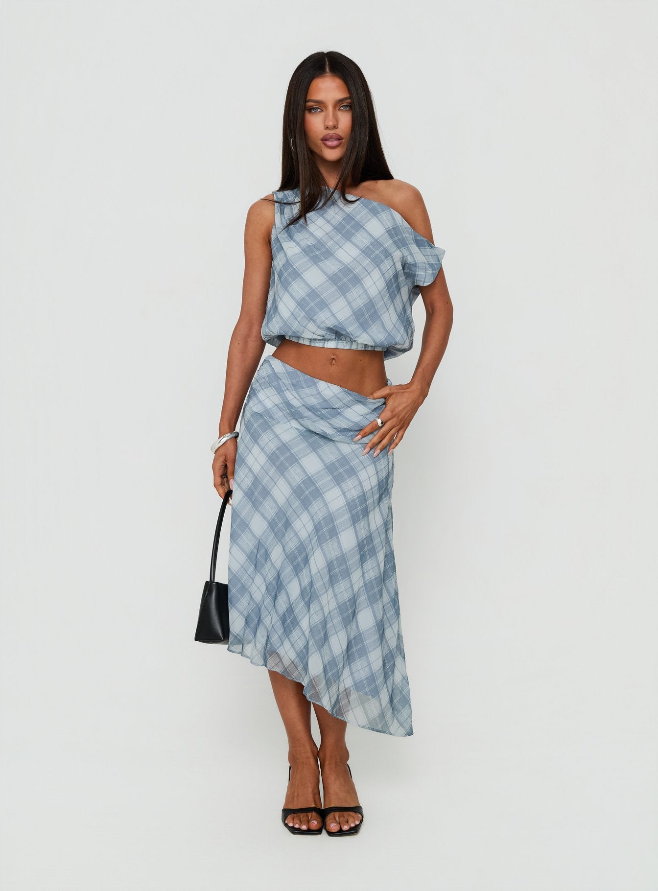 Sabbine Asymmetrical Midi Skirt Blue Check
