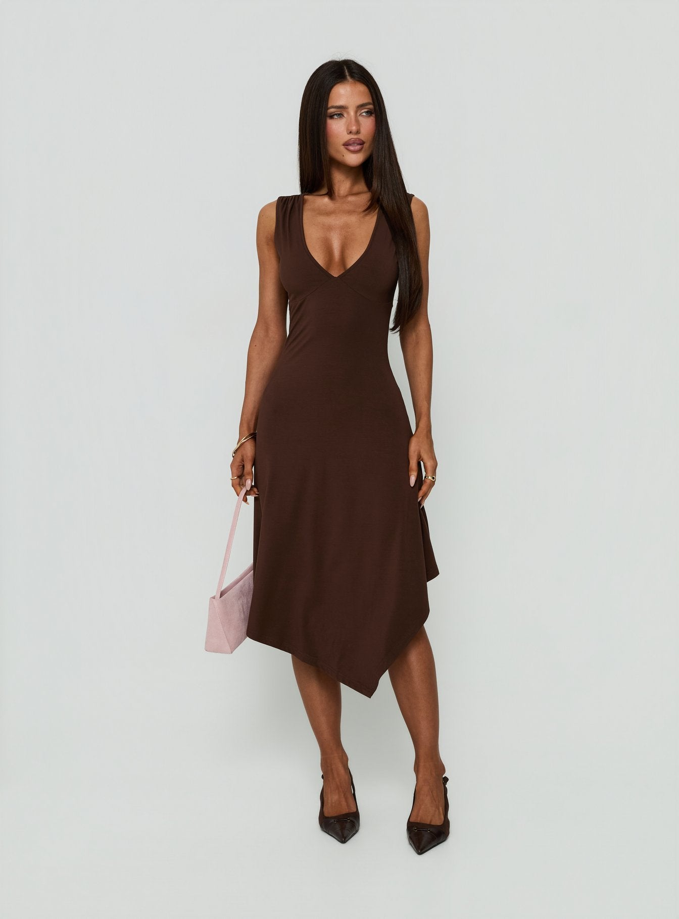 Louisia V Neck Hanky Hem Midi Dress | Brown | Womens