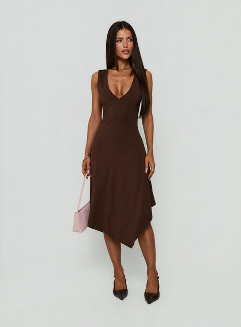 Louisia V Neck Hanky Hem Midi Dress Brown