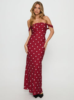 End Credits Off Shoulder Pleat Maxi Dress Red / Polka Dot End Credits Off Shoulder Pleat Maxi Dress Red / Polka Dot
