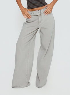 back view of model wearing Princess Polly Katlin Mid Rise Wide Leg Buckle Detail Jeans Grey Wash Mid Rise Jeans 
