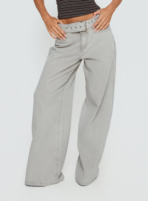 back view of model wearing Princess Polly Katlin Mid Rise Wide Leg Buckle Detail Jeans Grey Wash Mid Rise Jeans 
