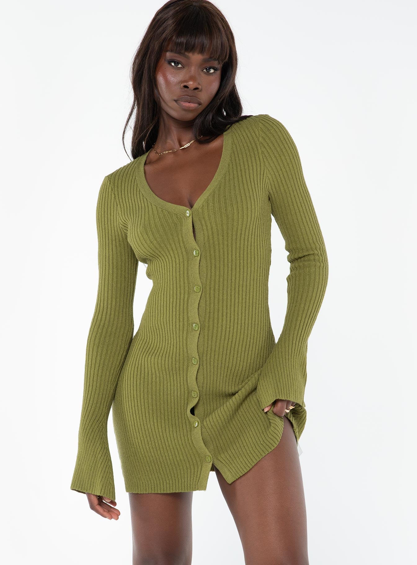 Waldin long sleeve mini dress olive