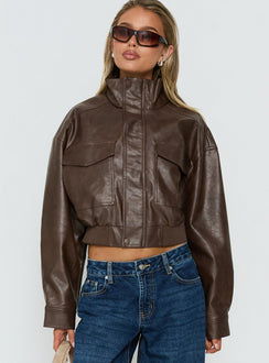 Ace Player Funnel Neck Faux Leather Jacket Brown