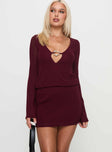 side view of model wearing Princess Polly Charming Long Sleeve Mini Dress Maroon V-Neck 