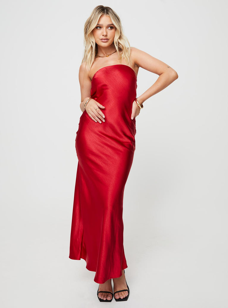 Strapless satin maxi dress, bias cut Inner silicone strip, invisible zip fastening at side, tie fastening at back, cowl back Slight stretch, lined bust