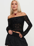 side view of model wearing Princess Polly Dance For Me Off Shoulder Lace Top Black Full Sleeves straight 