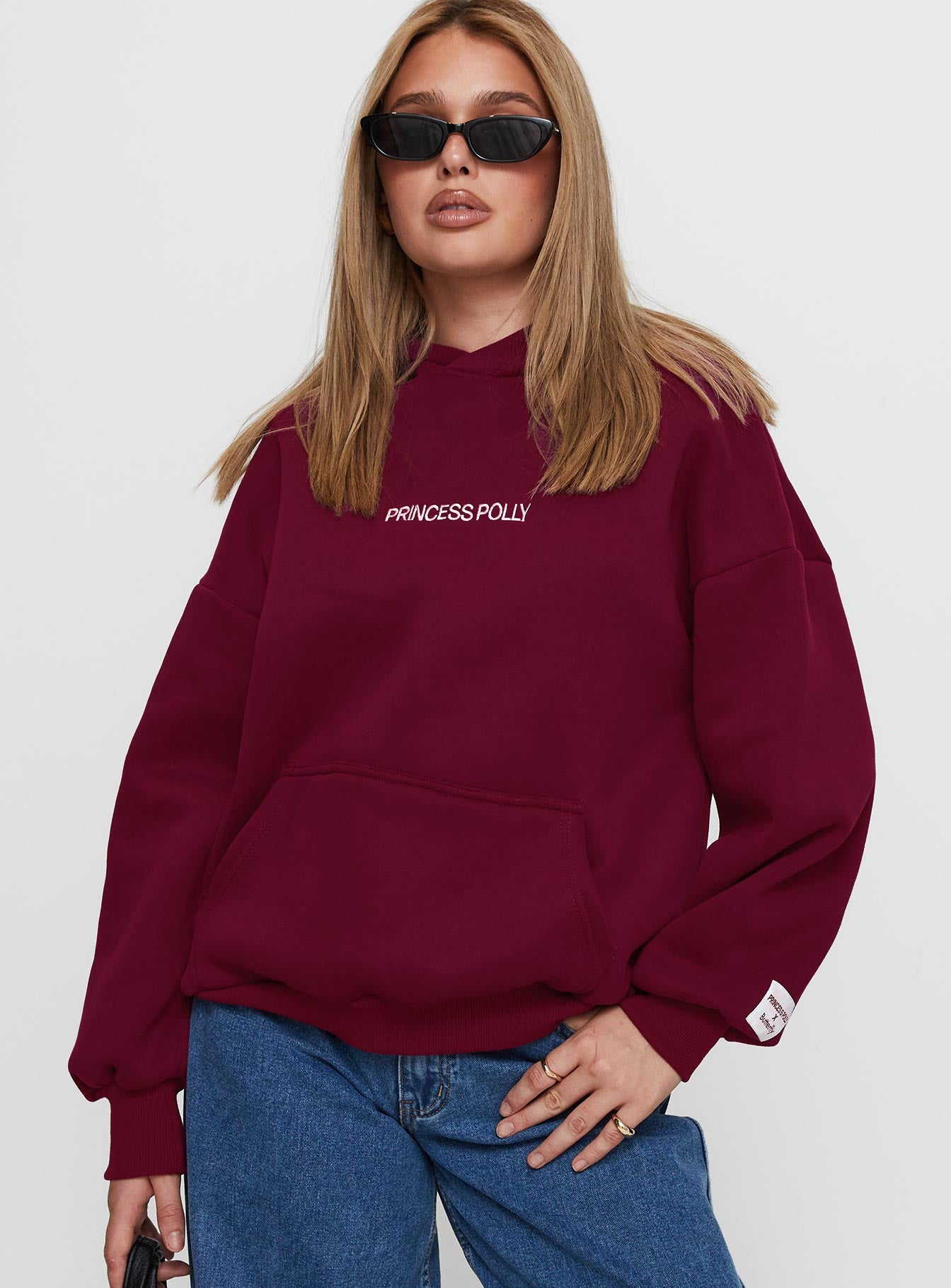 front view of model wearing Princess Polly Princess Polly x Butterfly Foundation Charity Merch Hoody Wine Long 