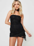 Black Strapless mini dress Floral lace print inner silicone strip at bust adjustable rushing at the side