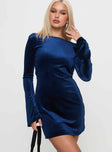 side view of model wearing Princess Polly Syrene Velvet Mini Dress Navy Boat Neck 