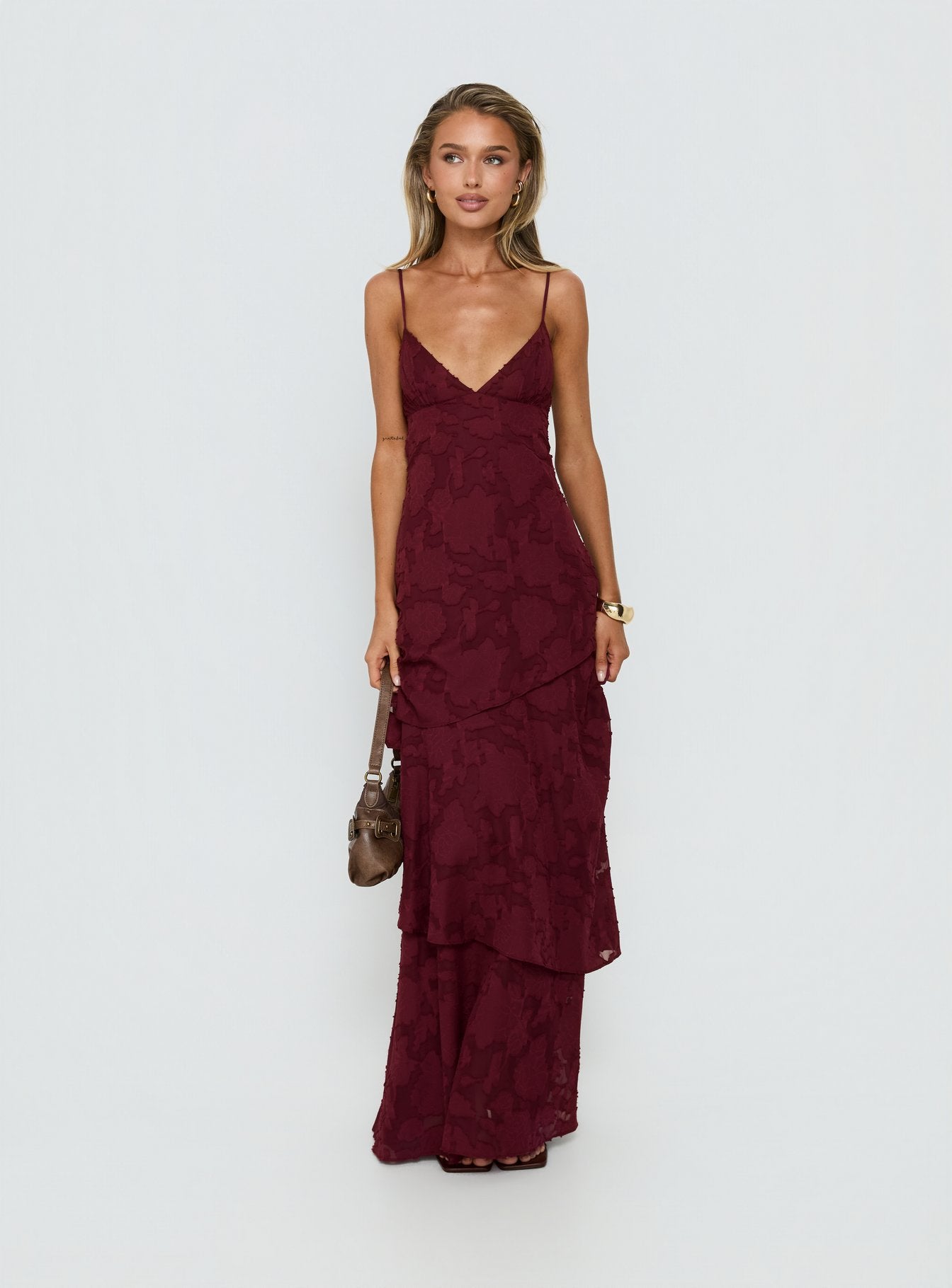 Lyricah Tiered Tie Back Maxi Dress Burgundy