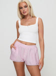 front view of model wearing Princess Polly Orielle Low Rise Boxer Short Pink High Waisted Shorts 