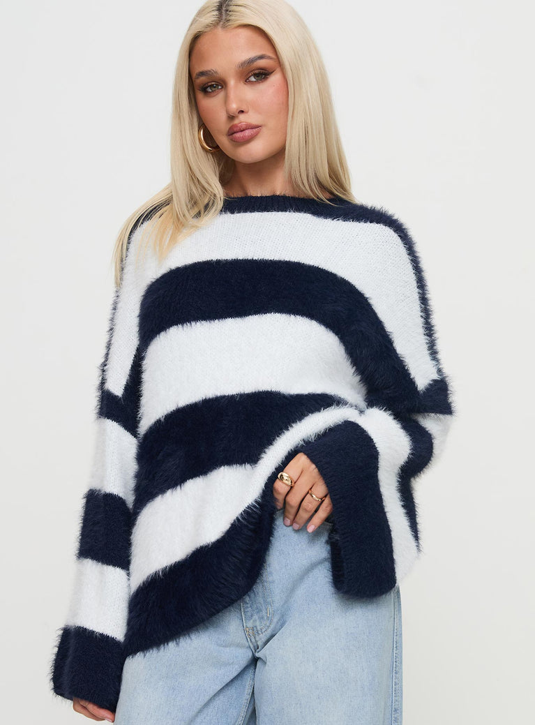 side view of model wearing Princess Polly Nerina Knit Sweater Blue / White Stripe Long 