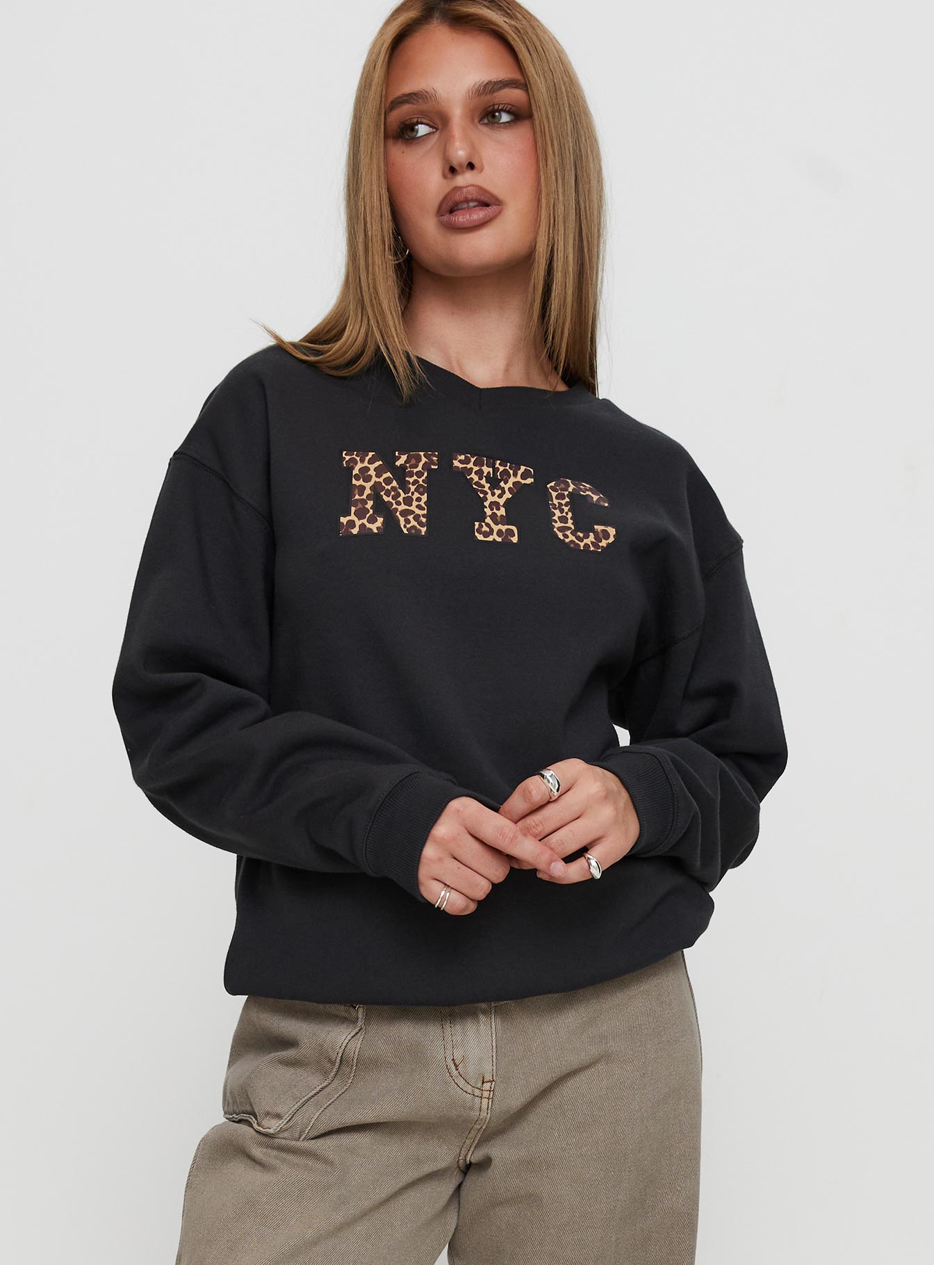 front view of model wearing Princess Polly Wild In NYC Sweater Black 