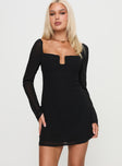 front view of model wearing Princess Polly Monologue Long Sleeve Mini Dress Black Plunger 