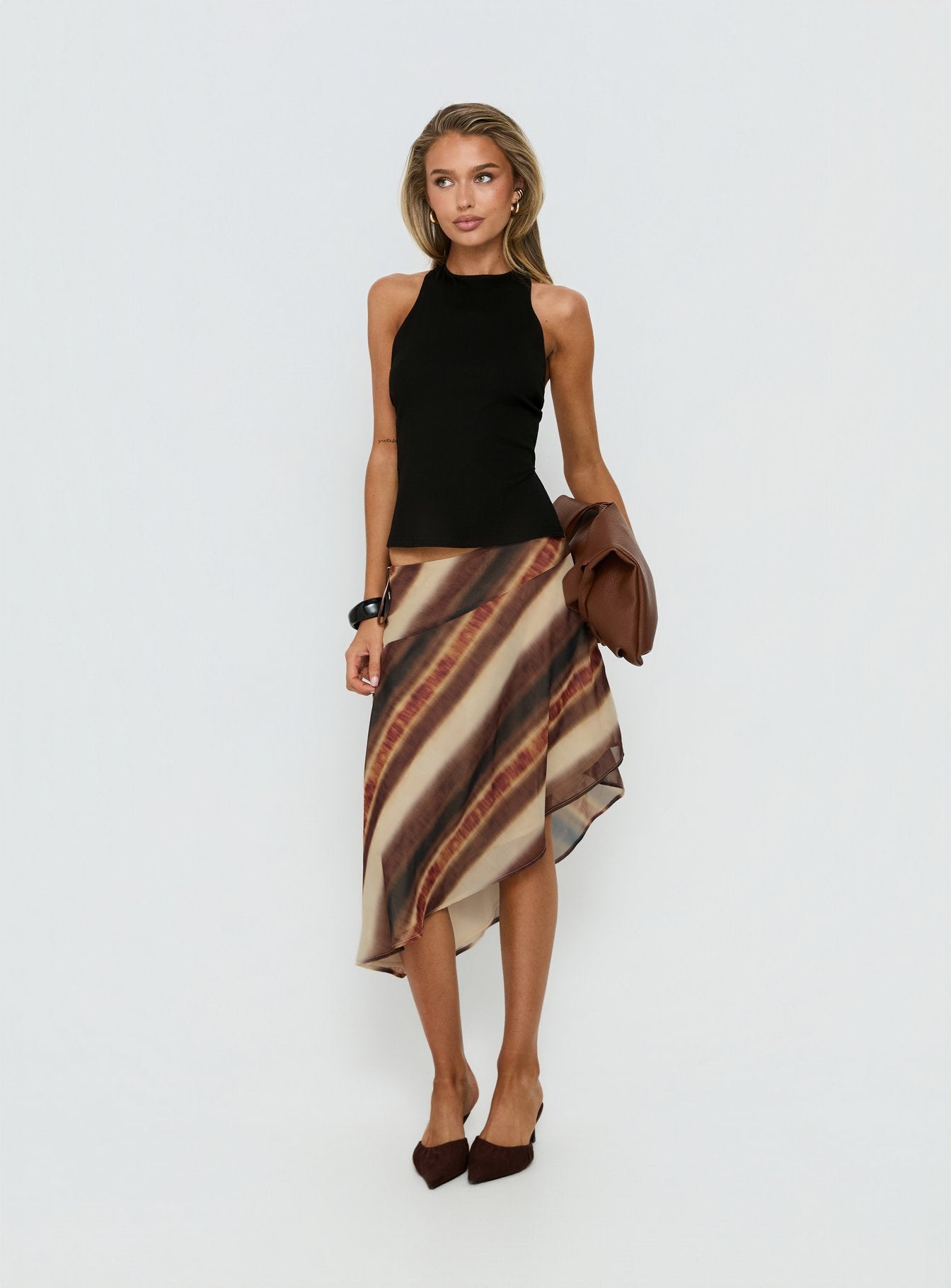Esmira Asymmetrical Midi Skirt Brown Stripe | Princess Polly