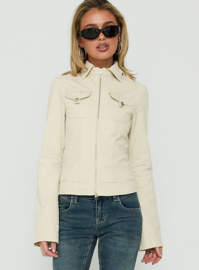 Kelehan Long Sleeve Zip Front Top Stonewashed Cream | Princess Polly