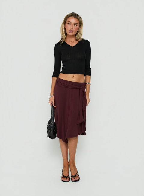 Soft Focus Tie Waist Midi Skirt Plum Noir