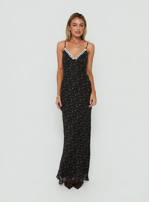 Alasia Lace Trim V Neck Maxi Dress Black Floral