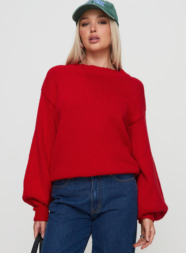 Harmony Balloon Sleeve Knit Sweater Red