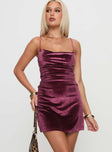 front view of model wearing Princess Polly Celena Velvet Mini Dress Purple Cowl Neck 