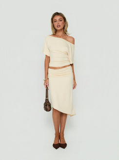 Sezzia Ruched Asymmetrical Midi Skirt Beige