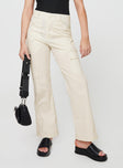 High rise pant Belt looped waist, zip and button fastening, six pockets, straight leg Non-stretch material, unlined 