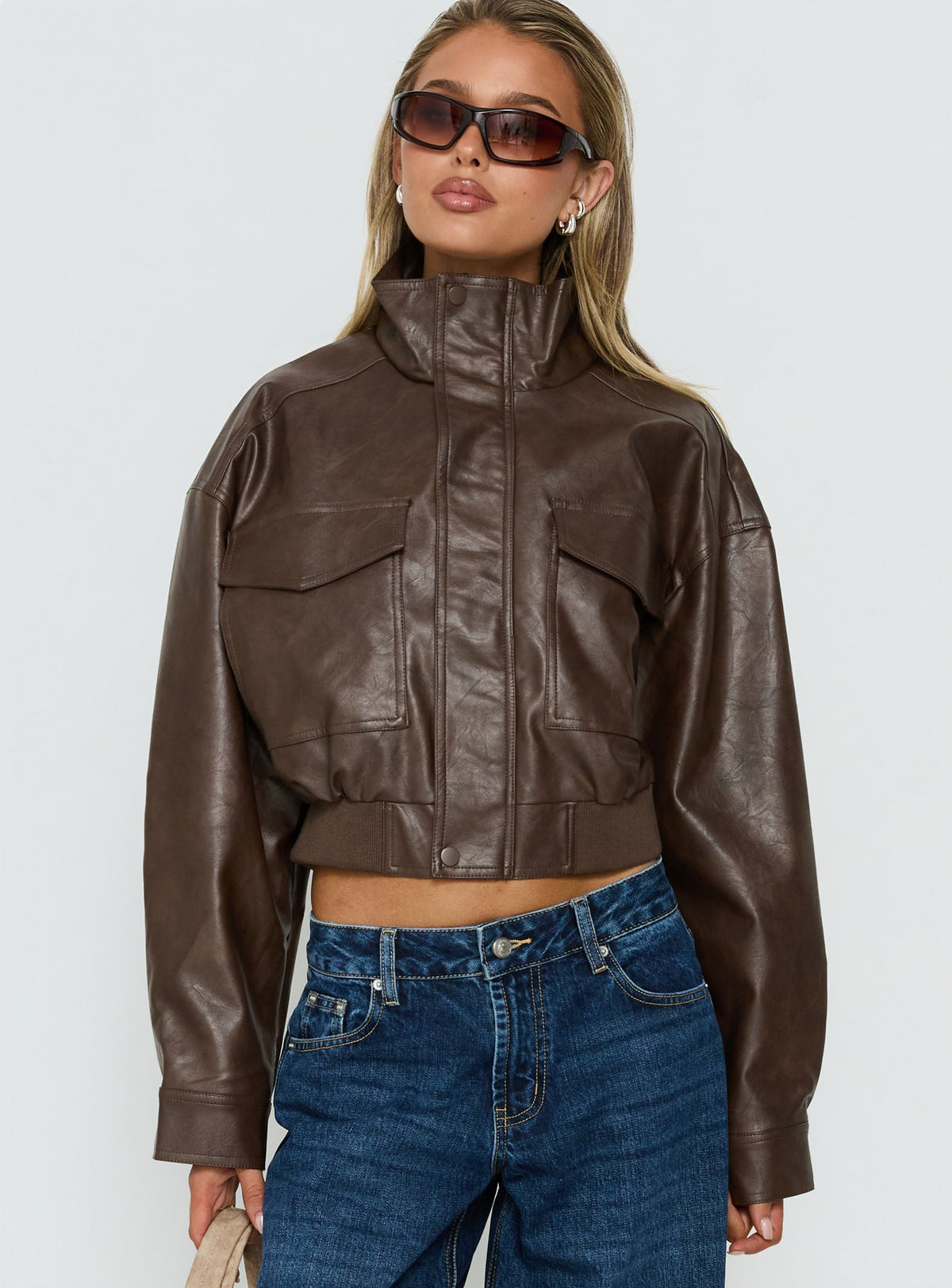 Ace Player Funnel Neck Faux Leather Jacket Brown Petite