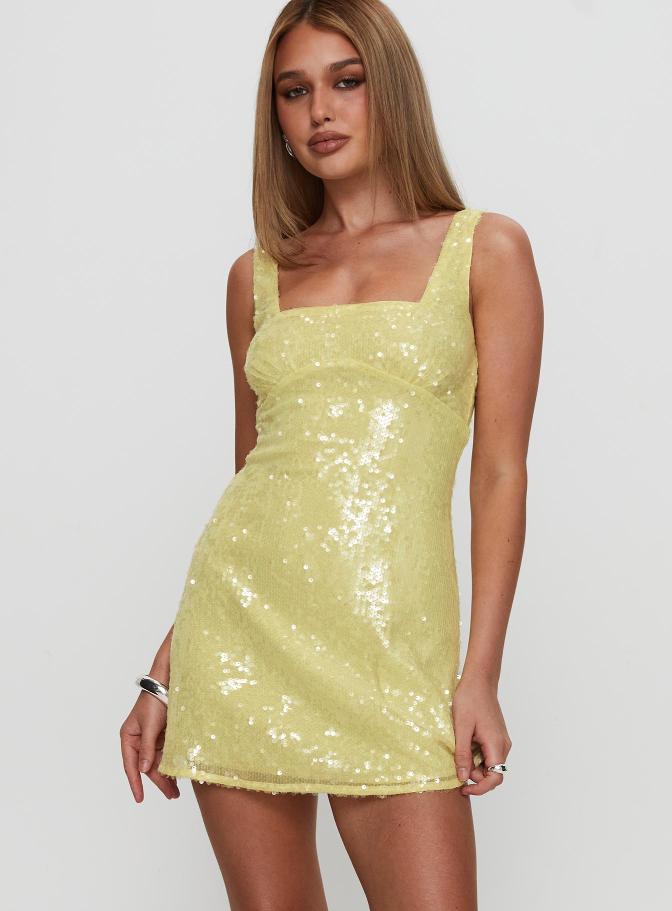 Dasha Mini Dress Yellow Sequin | Princess Polly