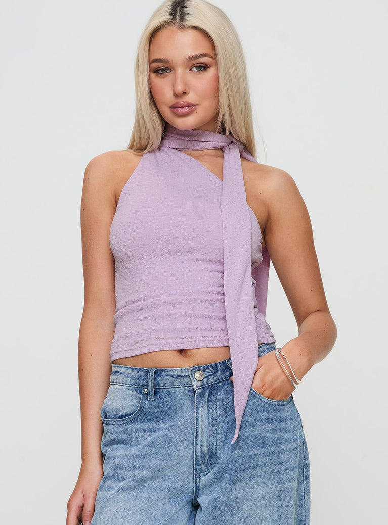 front view of model wearing Princess Polly Anderstone Neck Tie Top Purple Sleeveless Asymmetric Neckline 