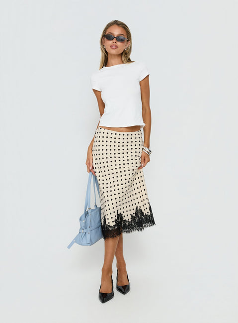 back view of model wearing Princess Polly Downtown Scene Lace Trim Maxi Skirt Cream Polka Midi Skirts 