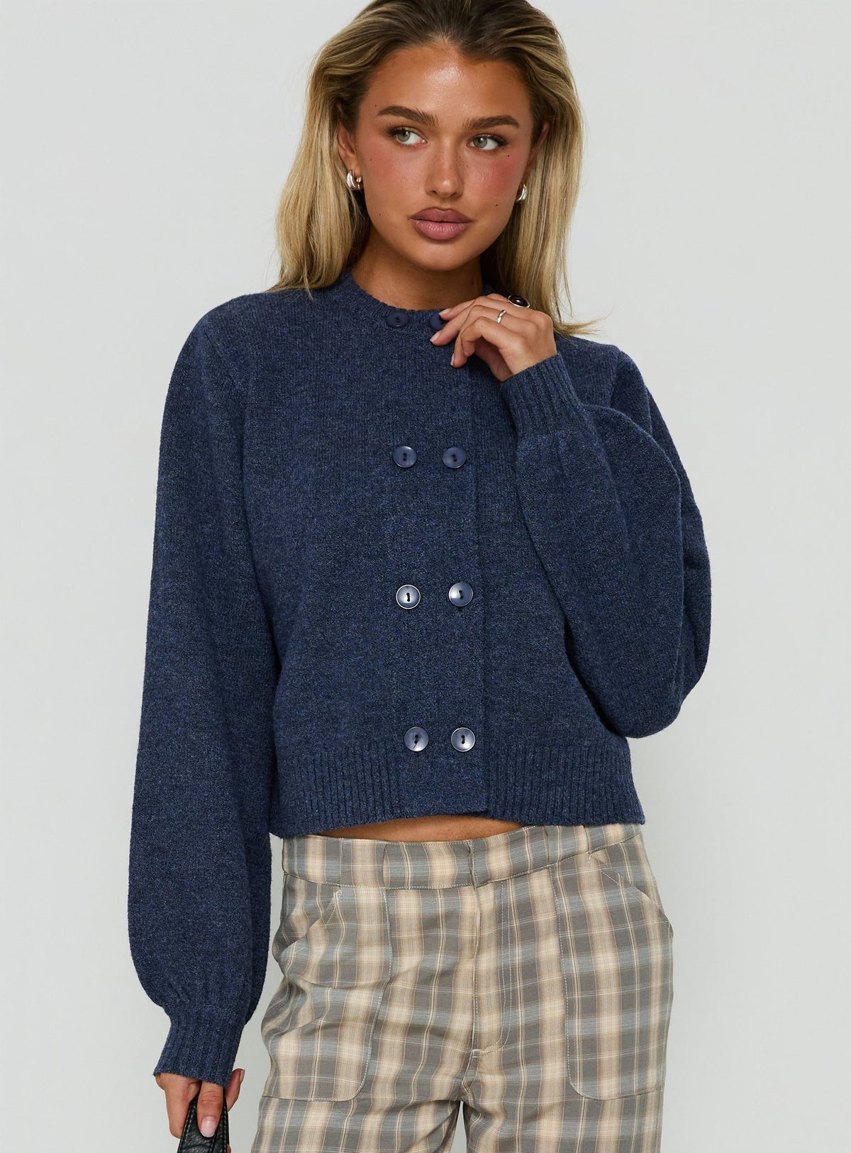 Discover the Kammi Button Up Cardigan Navy in womens-jumpers with short length front view of model wearing