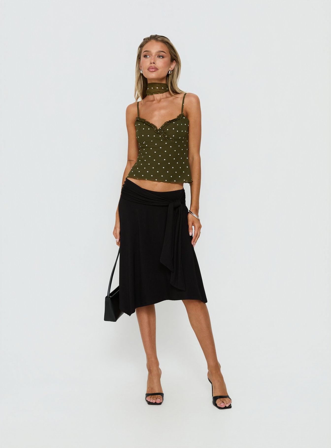 Mishy Scarf Detail Cami Top Olive Polka | Princess Polly