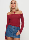 front view of model wearing Princess Polly Where You At Off Shoulder Long Sleeve Top Red Full Sleeves straight 