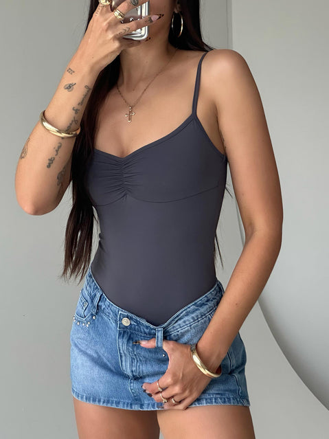 front view of model wearing Princess Polly Linden Bodysuit Slate Sleeveless 