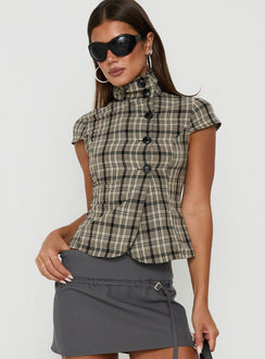 Maxina High Neck Button Up Top Check