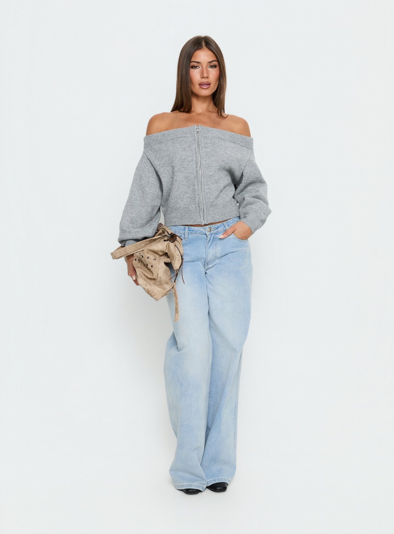 Ortensa Off Shoulder Zip Through Jumper Grey Marle | Princess Polly