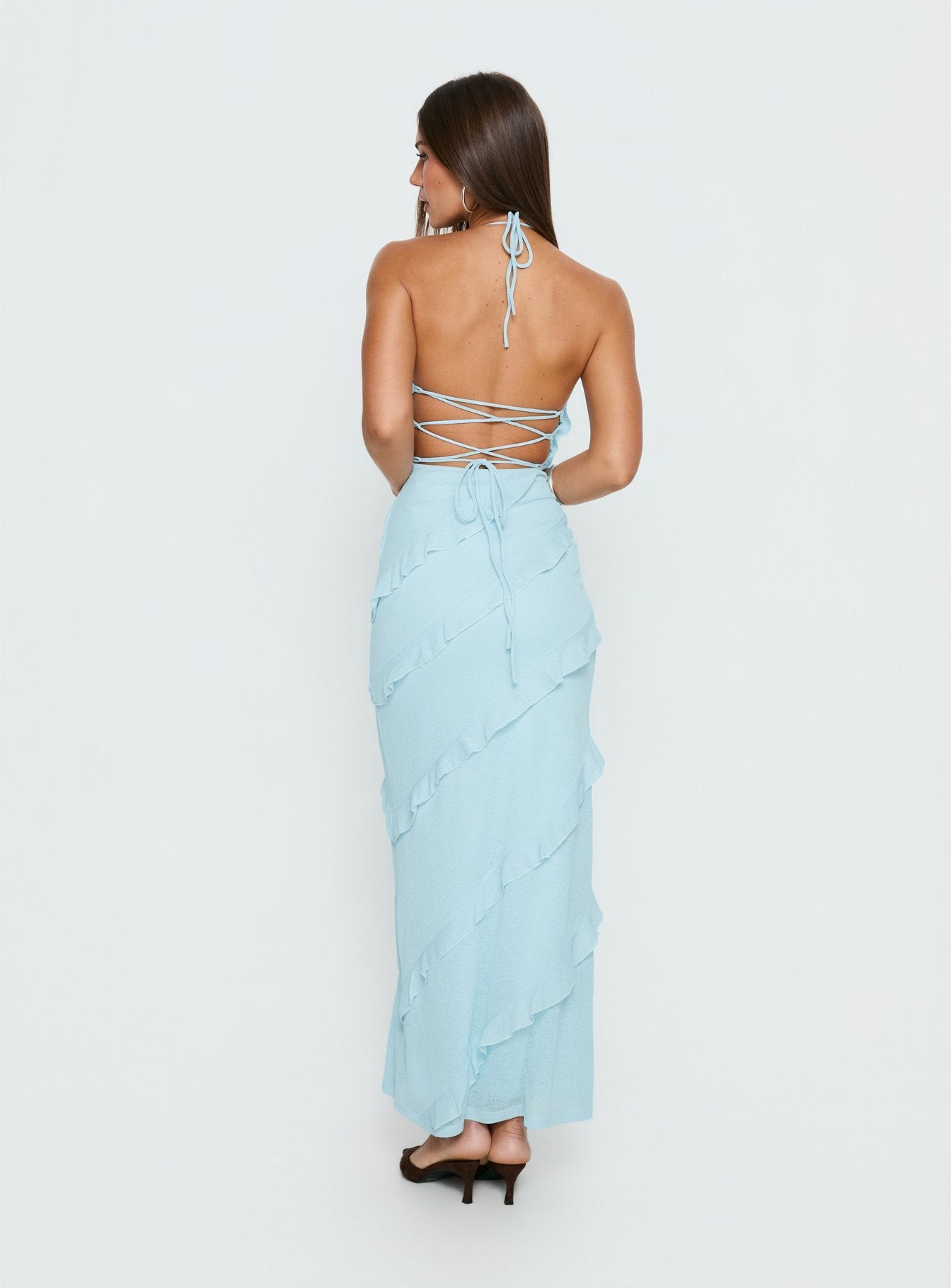 Adesta Frill Halter Maxi Dress Blue | Princess Polly Adesta Frill Halter Maxi Dress Blue | Princess Polly