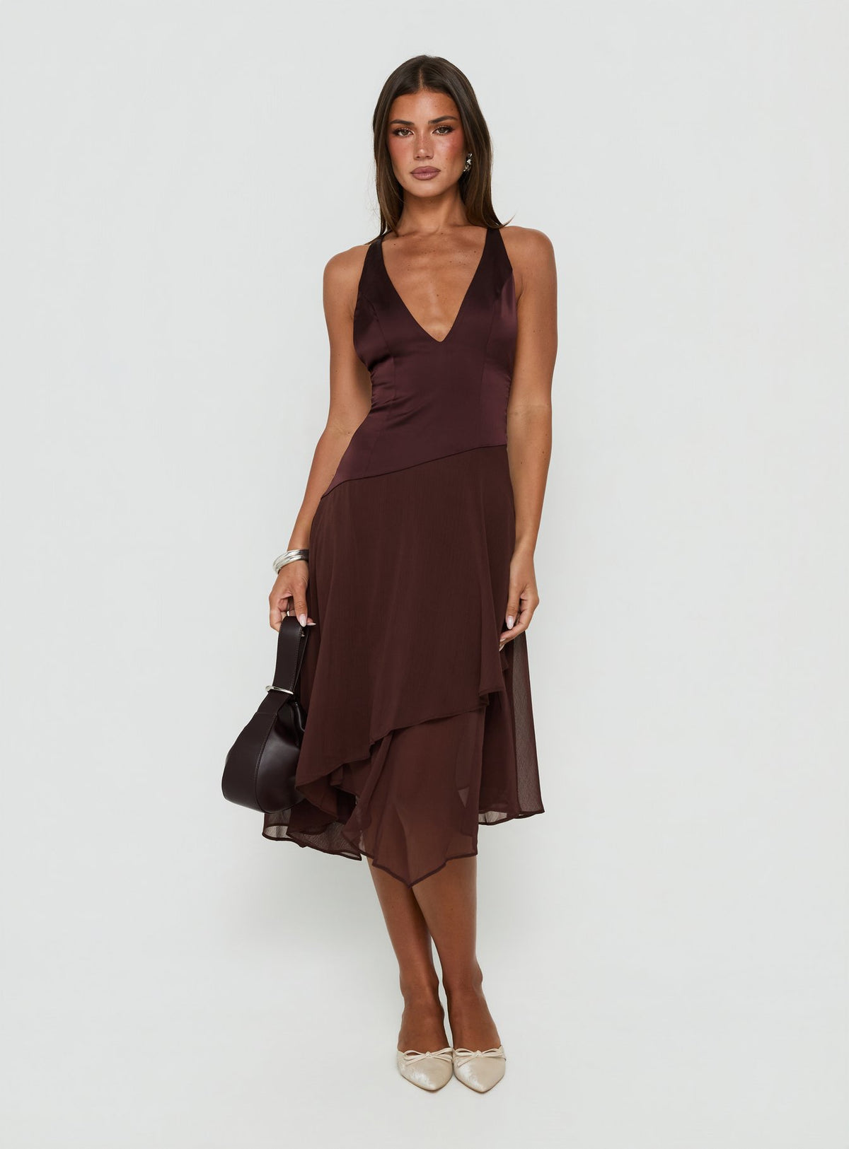 Emeliah Asymmetrical Plunge Midi Dress Brown